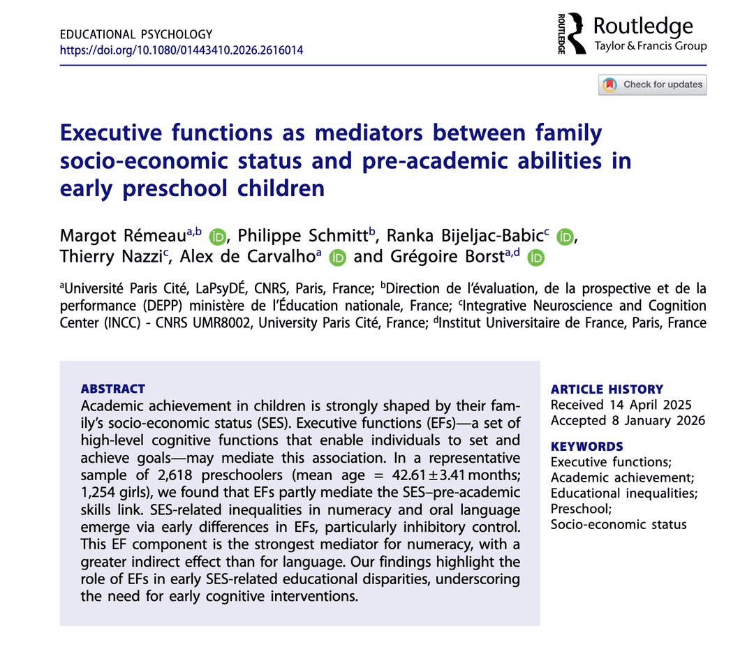 Executive functions as mediators between family socio-economic status and pre-academic abilities in early preschool children 