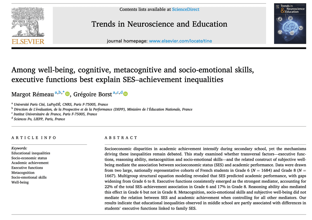 Among Well-Being, Cognitive, Metacognitive and Socio-Emotional Skills, Executive Functions Best Explain SES–Achievement Inequalities