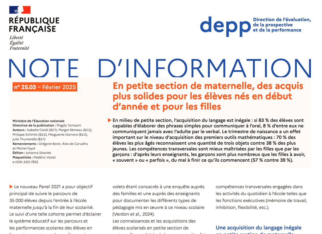 En petite section de maternelle, des acquis plus solides pour les élèves nés en début d'année et pour les filles