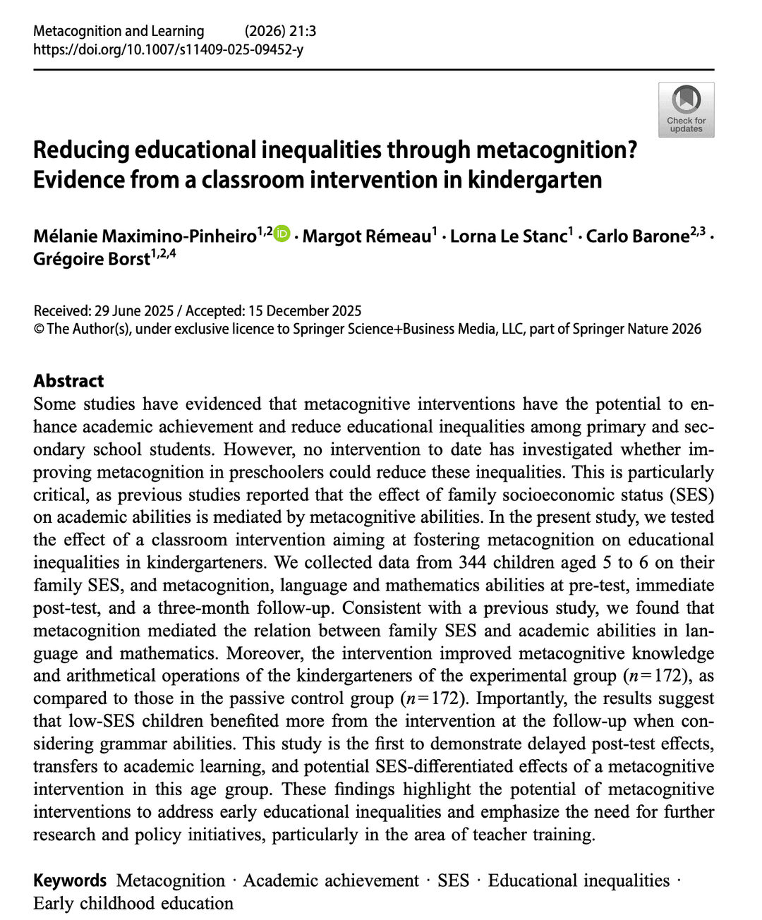 Reducing educational inequalities through metacognition? Evidence from a classroom intervention in kindergarten