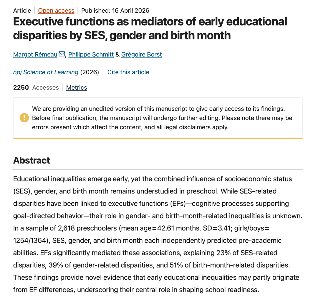 Executive functions as mediators of early educational disparities by SES, gender and birth month